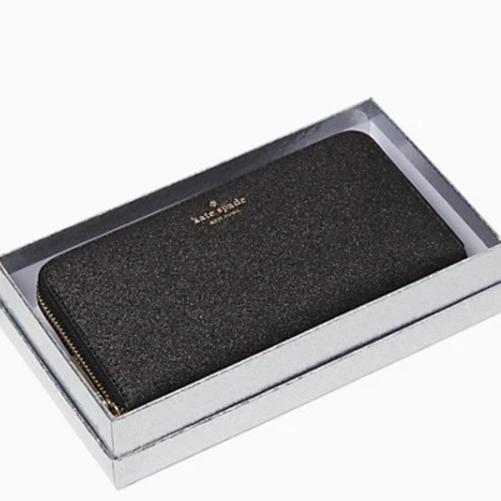 🎁 BEAUTIFUL SHIMMY KATE SPADE LARGE BOXED CONTINENTAL IN BLACK WALLET NEW